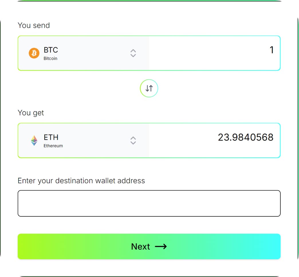 Step 1: Select cryptocurrencies to swap and enter recipient wallet address on Pouch Swap